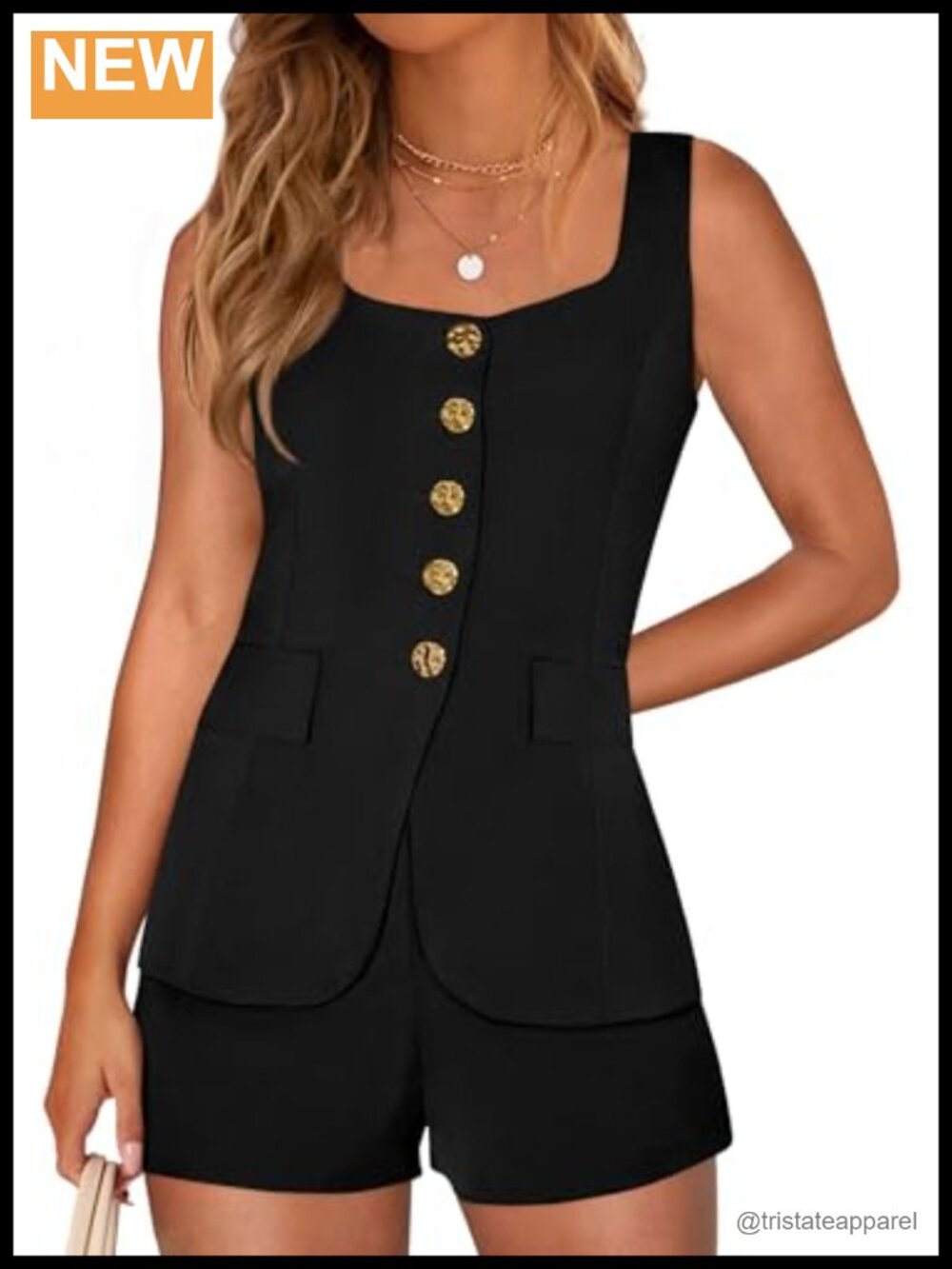 PRETTYGARDEN Womens 2 Piece Short Set Button Down Sleeveless Square Neck